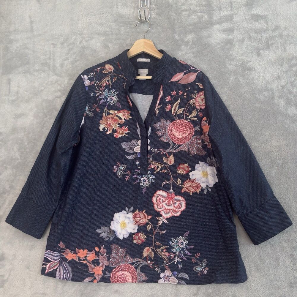 Chico's No Iron Chic Stretch Tunic Womens 3 XL Blue Floral Collarless Shirt
